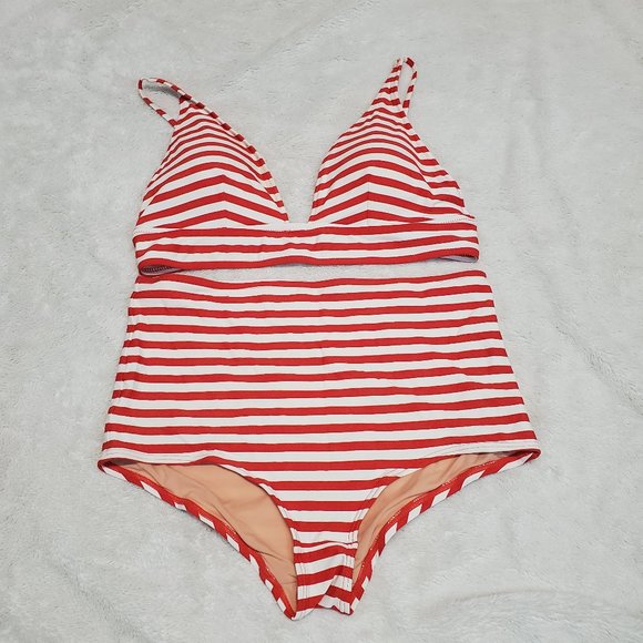 J. Crew Red White Stripe High Rise 2 Pc Swimsuit Bathing Suit Bikini Set Women L - Picture 1 of 9